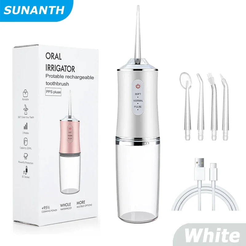 Portable Dental Water Flosser Oral Irrigator USB Rechargeable Water Floss Jet Tooth Pick 4 Tips 220Ml Mouth Washing Machine