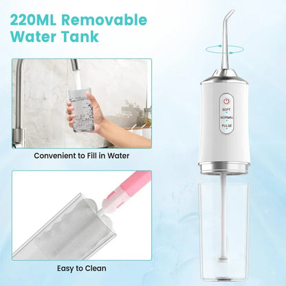 Portable Dental Water Flosser Oral Irrigator USB Rechargeable Water Floss Jet Tooth Pick 4 Tips 220Ml Mouth Washing Machine